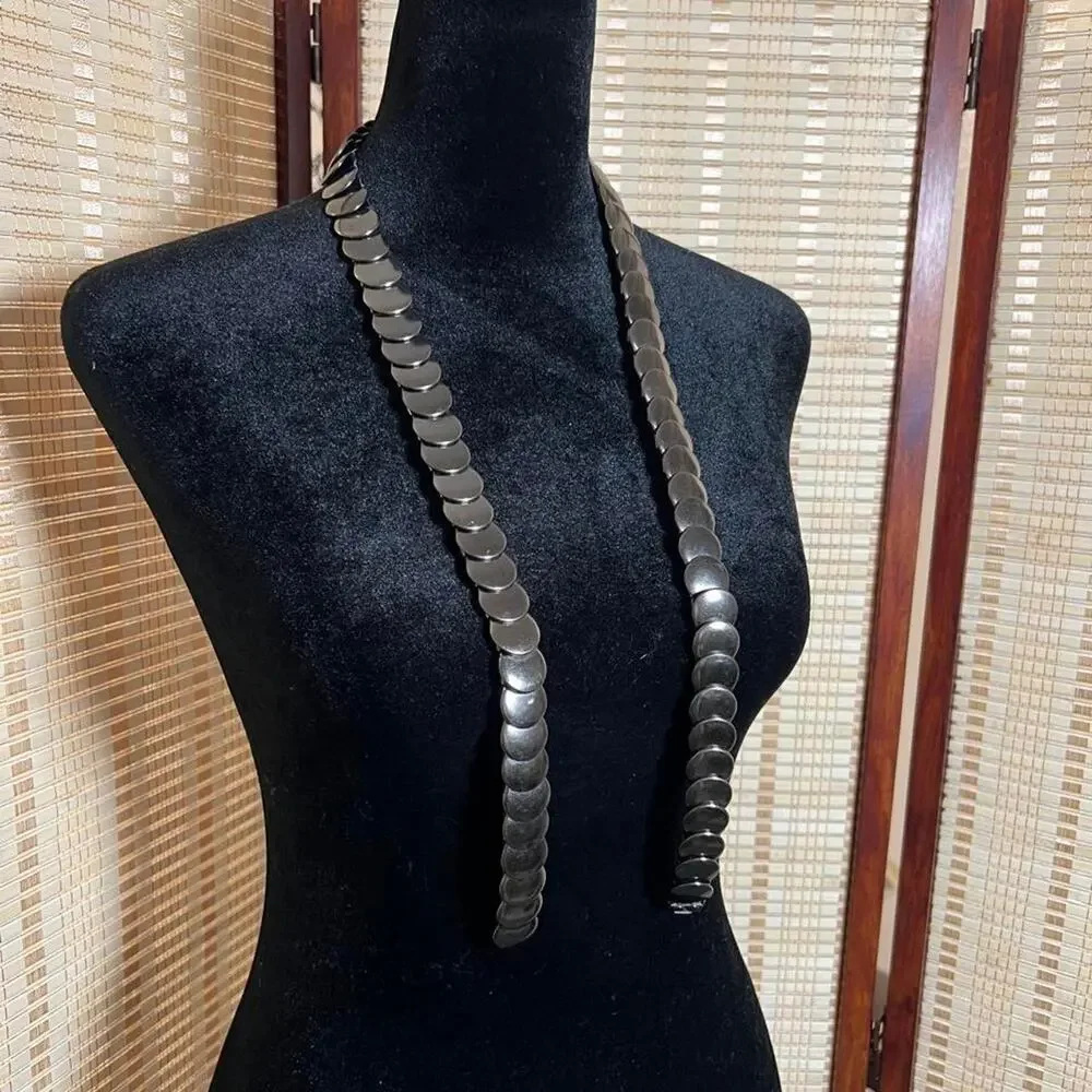 Vintage 80s/90s Gunmetal Silver Disc Elastic Stretch Belt Retro Disco Boho